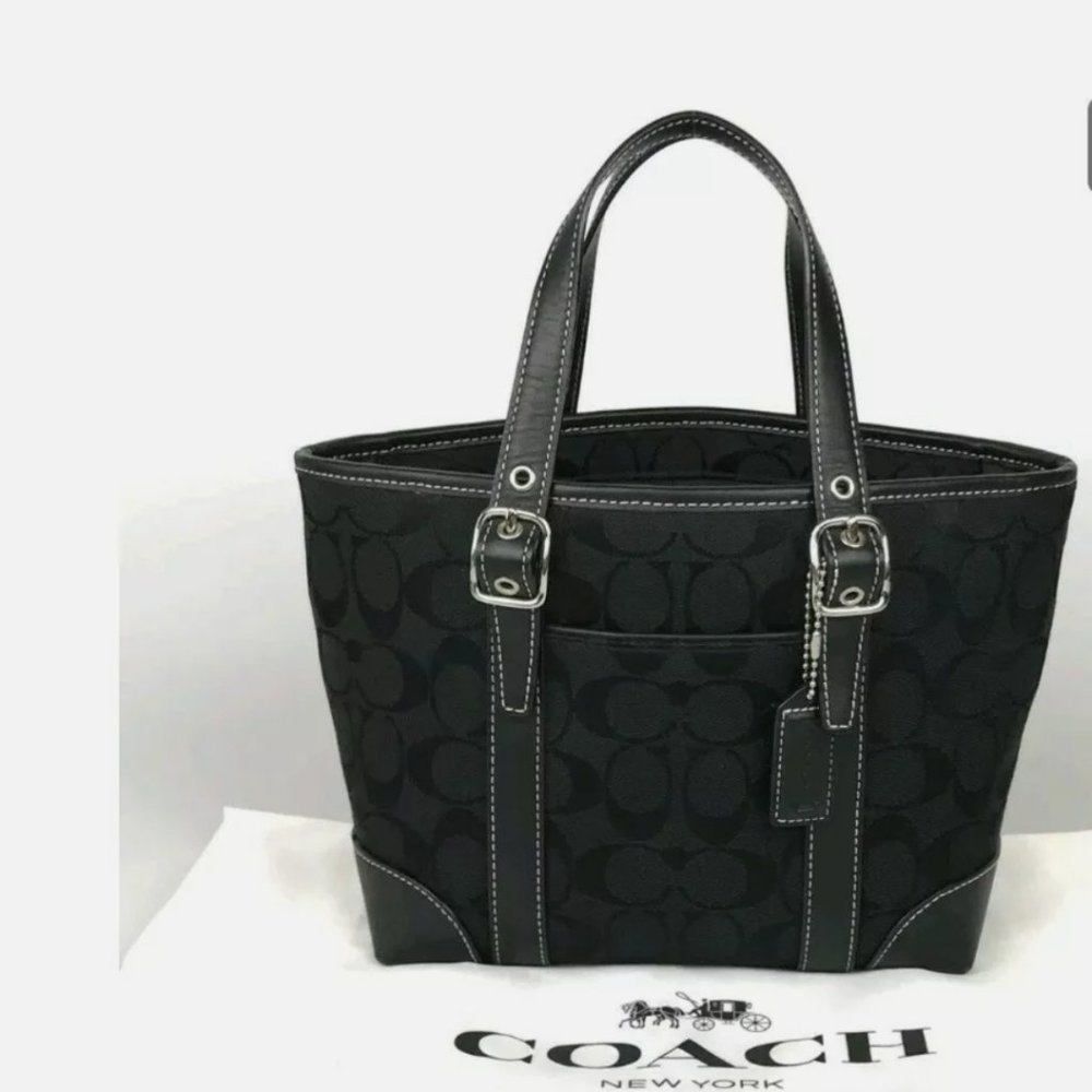 COACH BAG HANDBAG Signature D2J 6043 CANVAS LEATHER BLACK AUTHENTIC